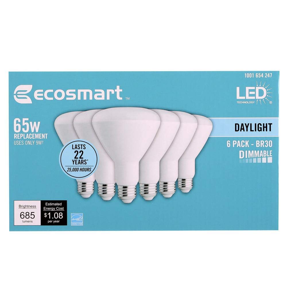 Ecosmart Daylight LED BR30 Dimmable Flood Bulb, 65W Replacement, 9 Watt, 685 Lumens - 5000K - Indoor/Outdoor Rated (6-Pack)
