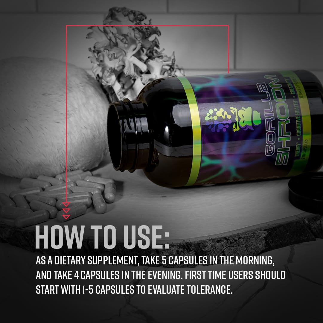 Gorilla Mind Shroom Nootropic Mushroom Supplement (6700mg) - 270 Capsules/Includes Lions Mane, Cordyceps, Reishi, Maitake/Increased Energy Immune Modulation, Enhanced Cognitive Functioning