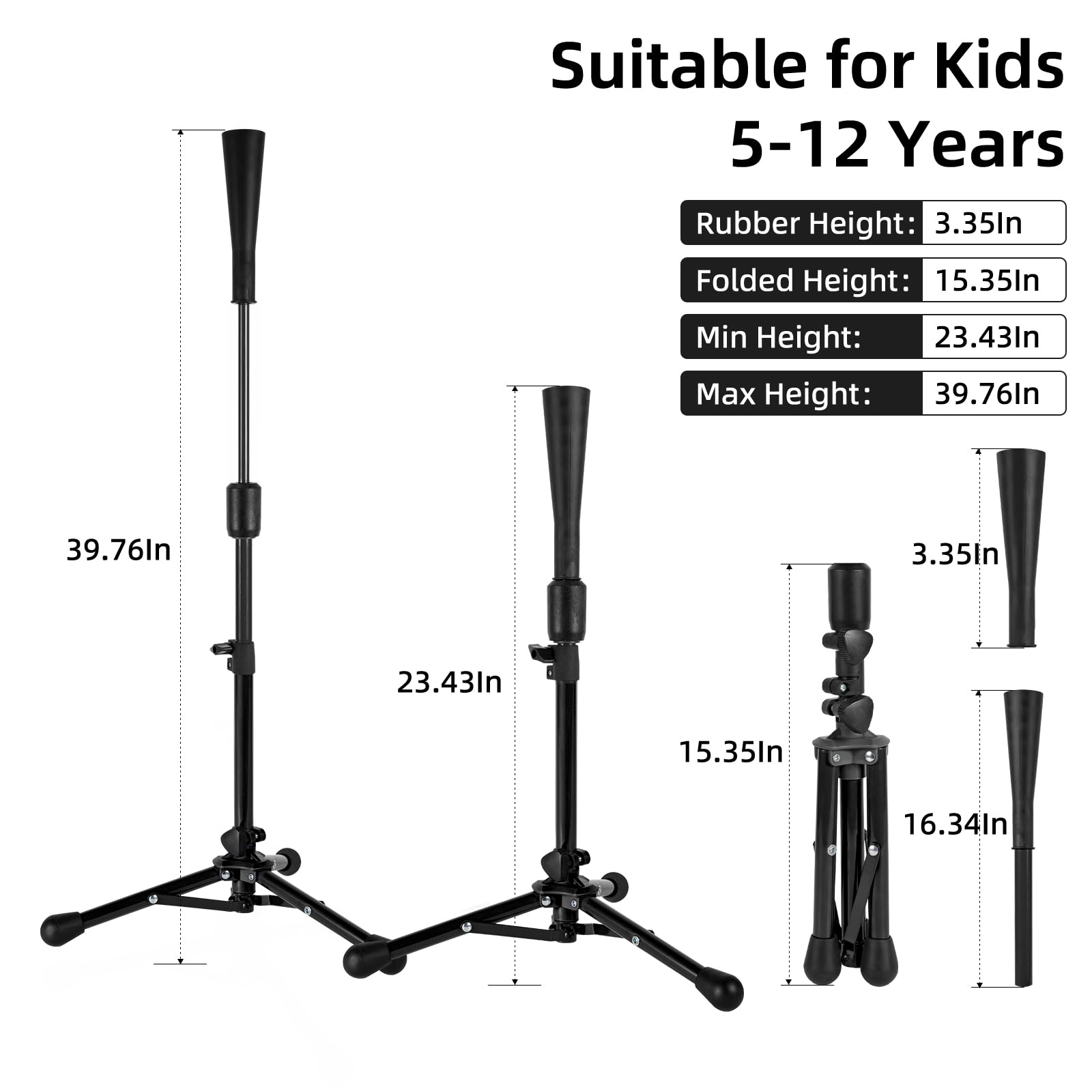 23.5 to 39.76 Inches Baseball Tee for Kids, Batting Tees for Baseball with Carry Bag, Portable Stable Tanner Tee, Baseball Training Equipment Aged 5-12, Softball Tee for Batting and Hitting (Black)
