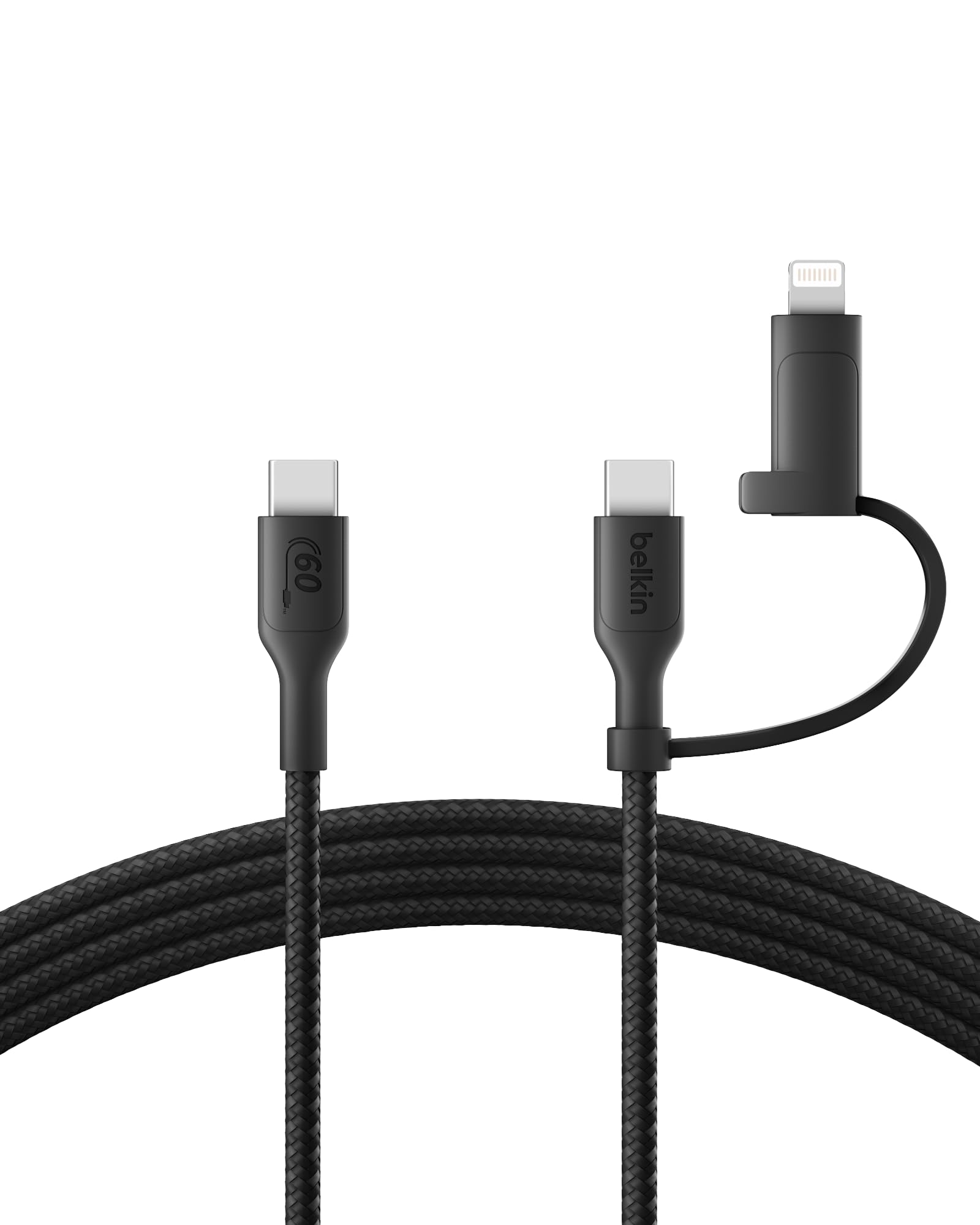 Belkin BoostCharge 2-in-1 USB-C Charging Cable w/USB-C & Lightning Connector - Braided Fast-Charging Cable, Multi-Charging Combo Cord for Apple iPhone, iPad, Samsung, MacBook, & More - Black