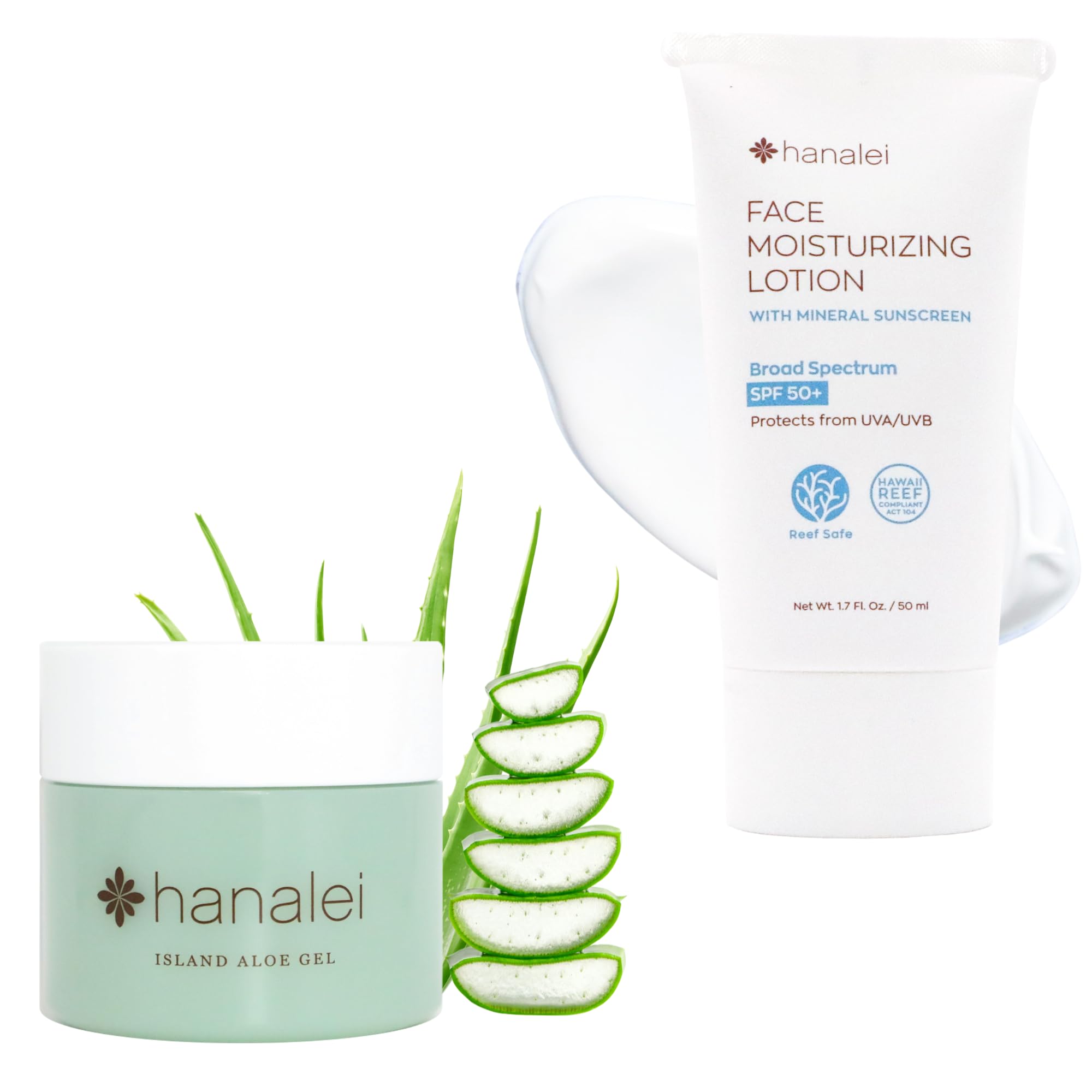 Hanalei Aloe Gel & Face Moisturizer Bundle– Cooling Aloe Gel (100 g) for Soothing & Hydration, SPF 50+ Mineral Sunscreen (1.7 oz), Vegan, Cruelty-Free, Paraben-Free