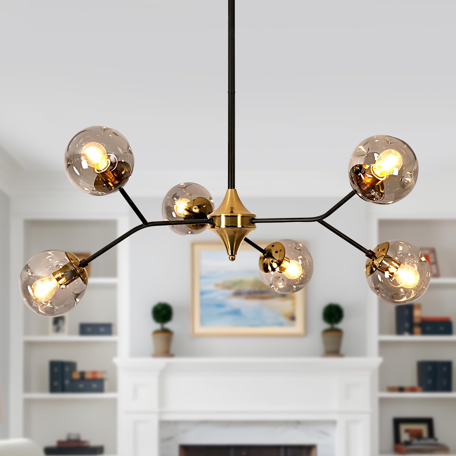 DELIPOP Glass Sputnik Chandelier, 6-Light Black and Gold with Smoke Gray Glass Lampshade Chandelier, E26 Mid Century Modern Pendant Light Fixture for Dining Room, Living Room, Kitchen