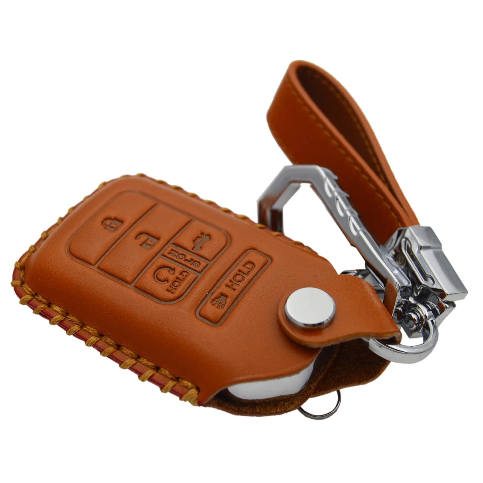 Real Leather Key Fob Cover with Keychain compatible with Honda Civic Accord Pilot CR-V HR V 5 Buttons Ridgeline Passport