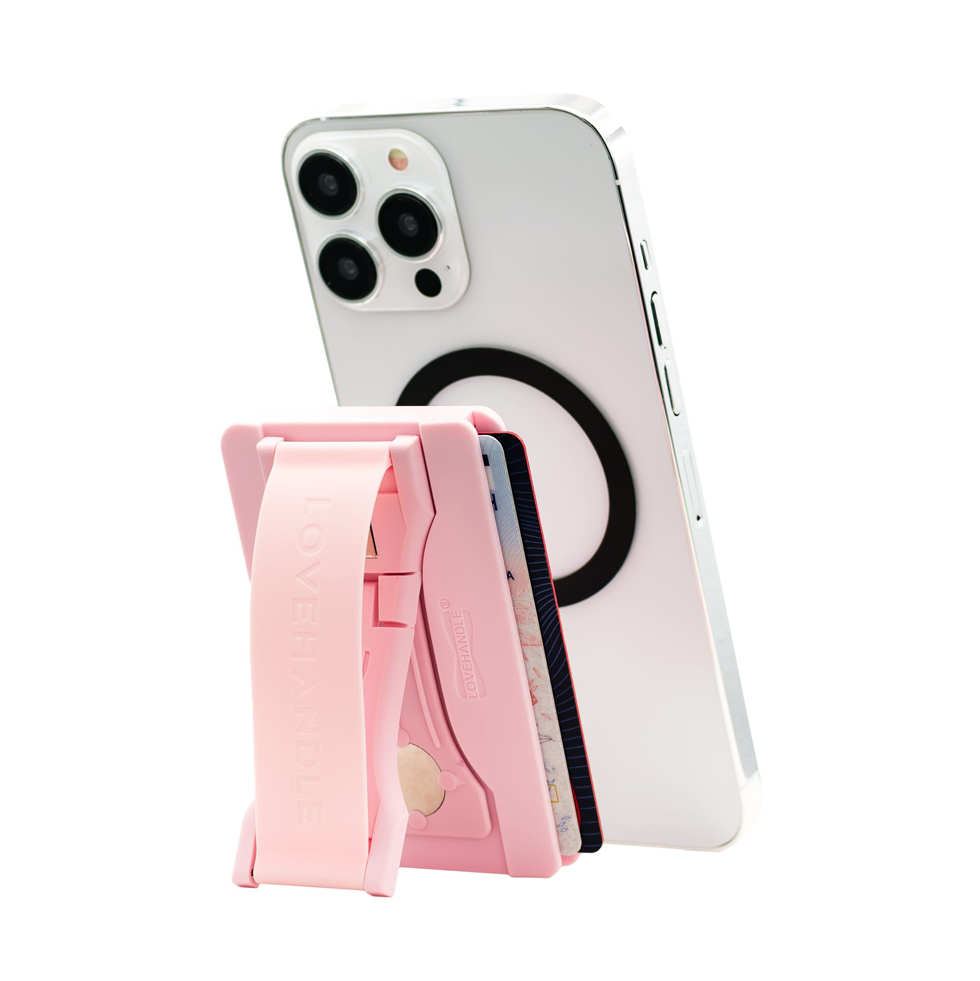 LOVEHANDLE Phone Wallet with Kickstand and Adapter Ring for MagSafe, Phone Card Holder, Wireless Charging Compatible, Wallet Compatible with MagSafe - Light Pink