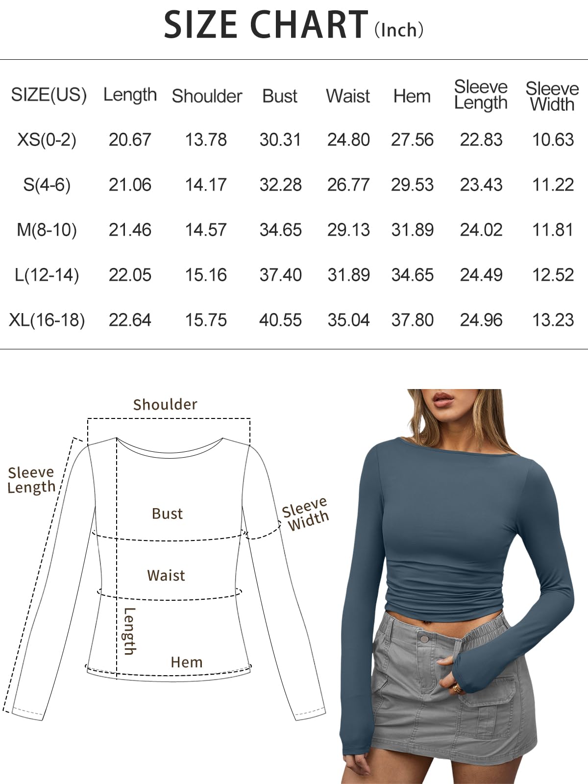 Trendy Queen Women's Boat Neck Tops Long Sleeve Shirts Casual Fitted Tee Shirts Solid Color Fall Basic Clothes HazeBlue M