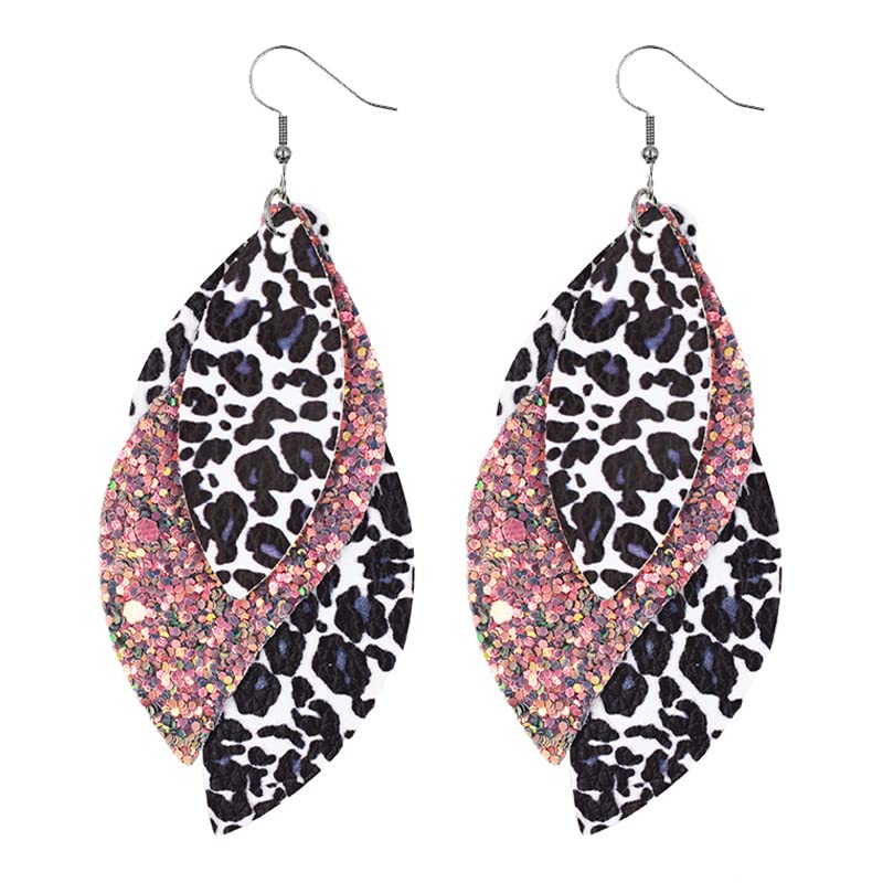 Leaf Leather Earrings for Women Handmade Fringe Feather Lightweight Teardrop Leather Earrings Drop and Dangle Earrings for Women (Black)