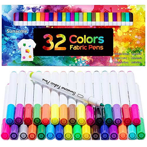 sunacme Fabric Markers Pen, 32 Colors Permanent Fabric Paint Pens for T-Shirt, Fine Tips Art Marker Set for Canvas Bags Hats Sneakers and Textiles