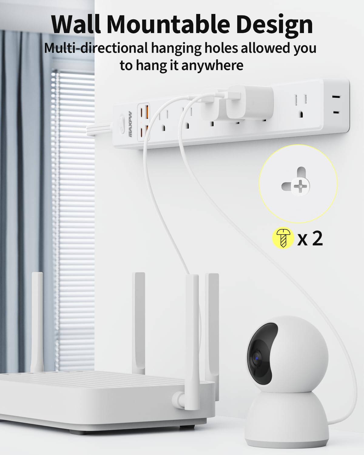 15 Ft Power Strip Surge Protector - 7 Outlets 4 USB Ports (2 USB C), Maxpw Ultra Thin Flat Extension Cord & Flat Plug, 1700 Joules, Wall Mount, Desk Charging Station for Home Office Dorm, White