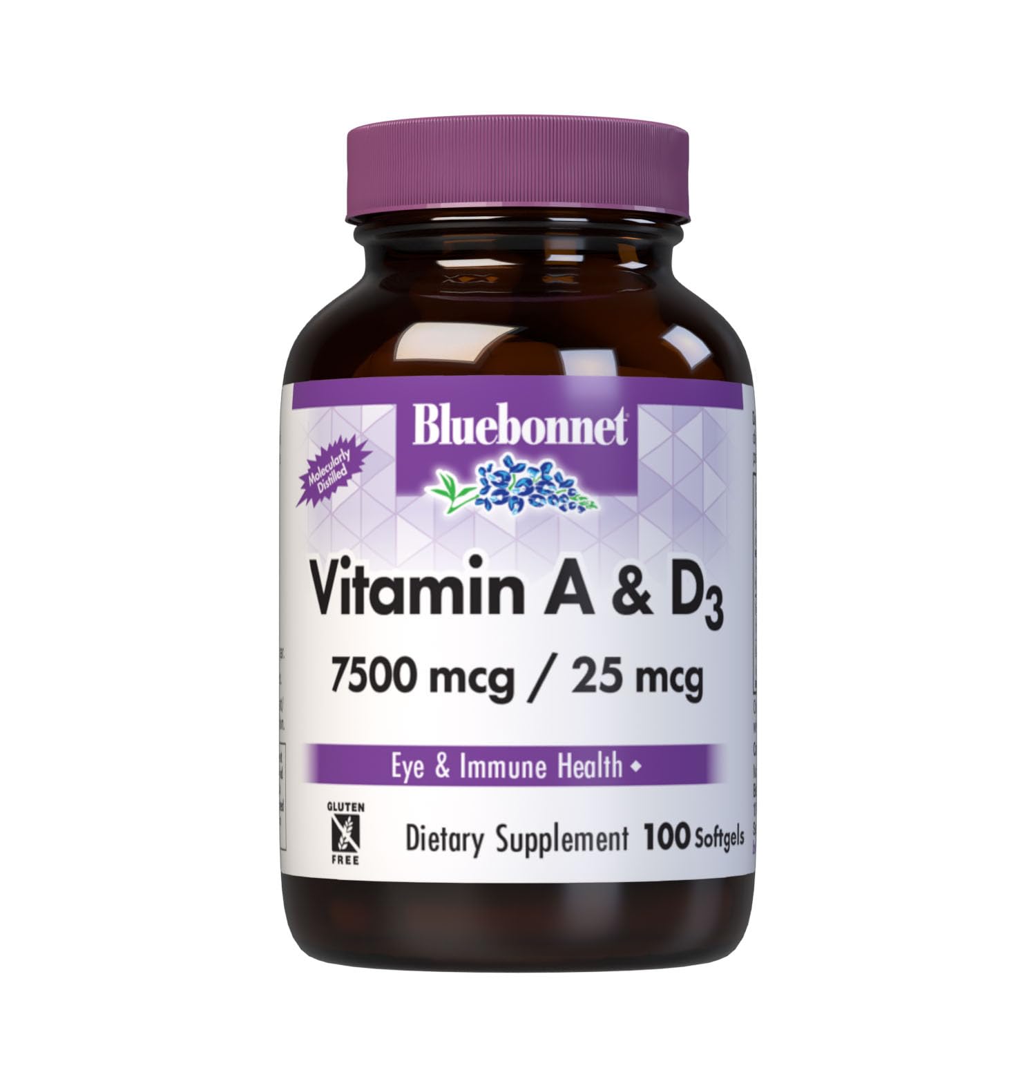 Bluebonnet Nutrition Vitamin A & D3 25,000 IU/1,000 IU from Deep Sea, Cold Water, Fish Oil - For Eye Health & Immune Function* - Gluten Free - Dairy Free - Molecularly Distilled - 100 Softgel/Servings