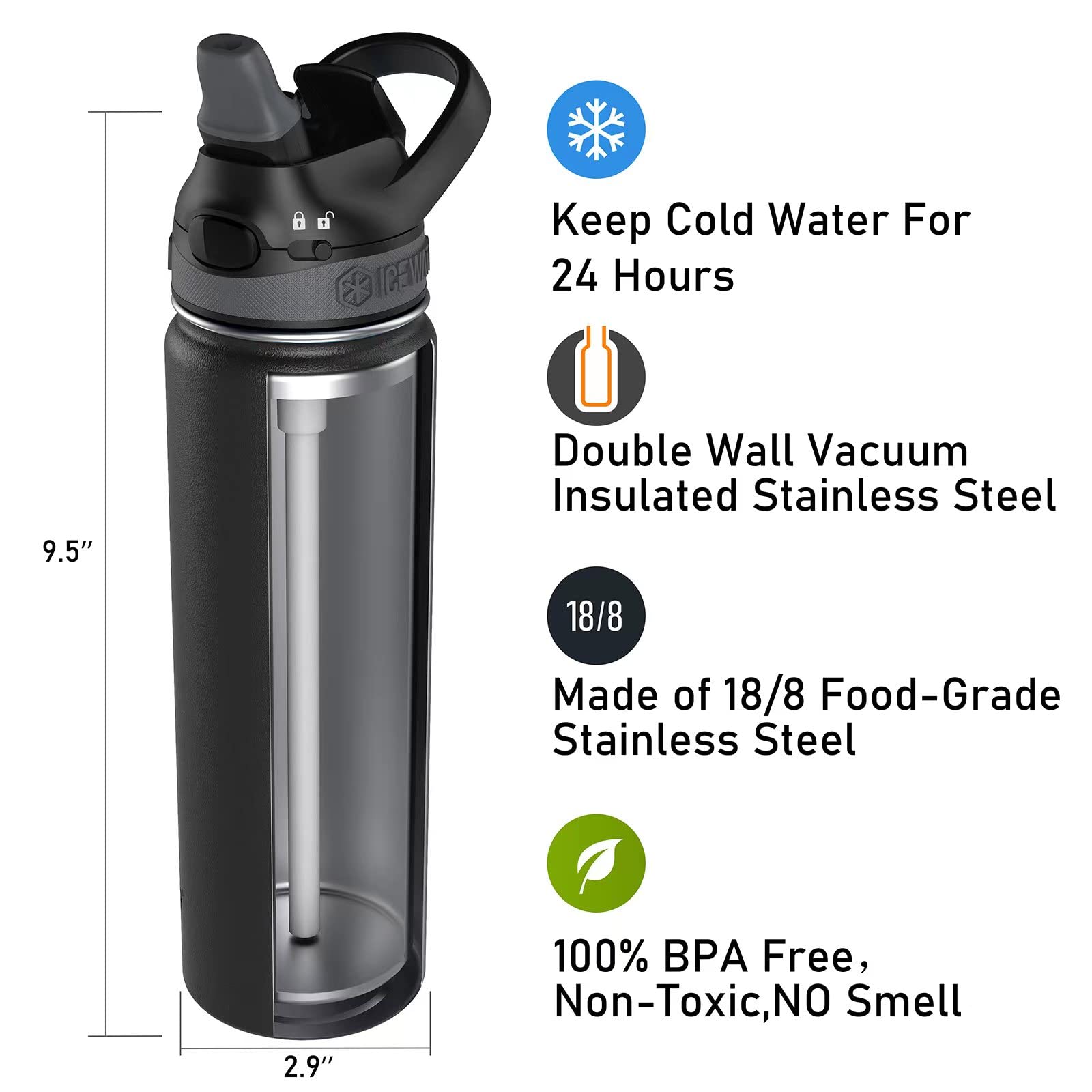 ICEWATER-24 oz, Insulated Water Bottle With Auto Straw Lid and Carry Handle, Leakproof Lockable Lid with Soft Silicone Spout, One-hand Operation, Vacuum Stainless Steel, BPA-Free (24 oz, Black)