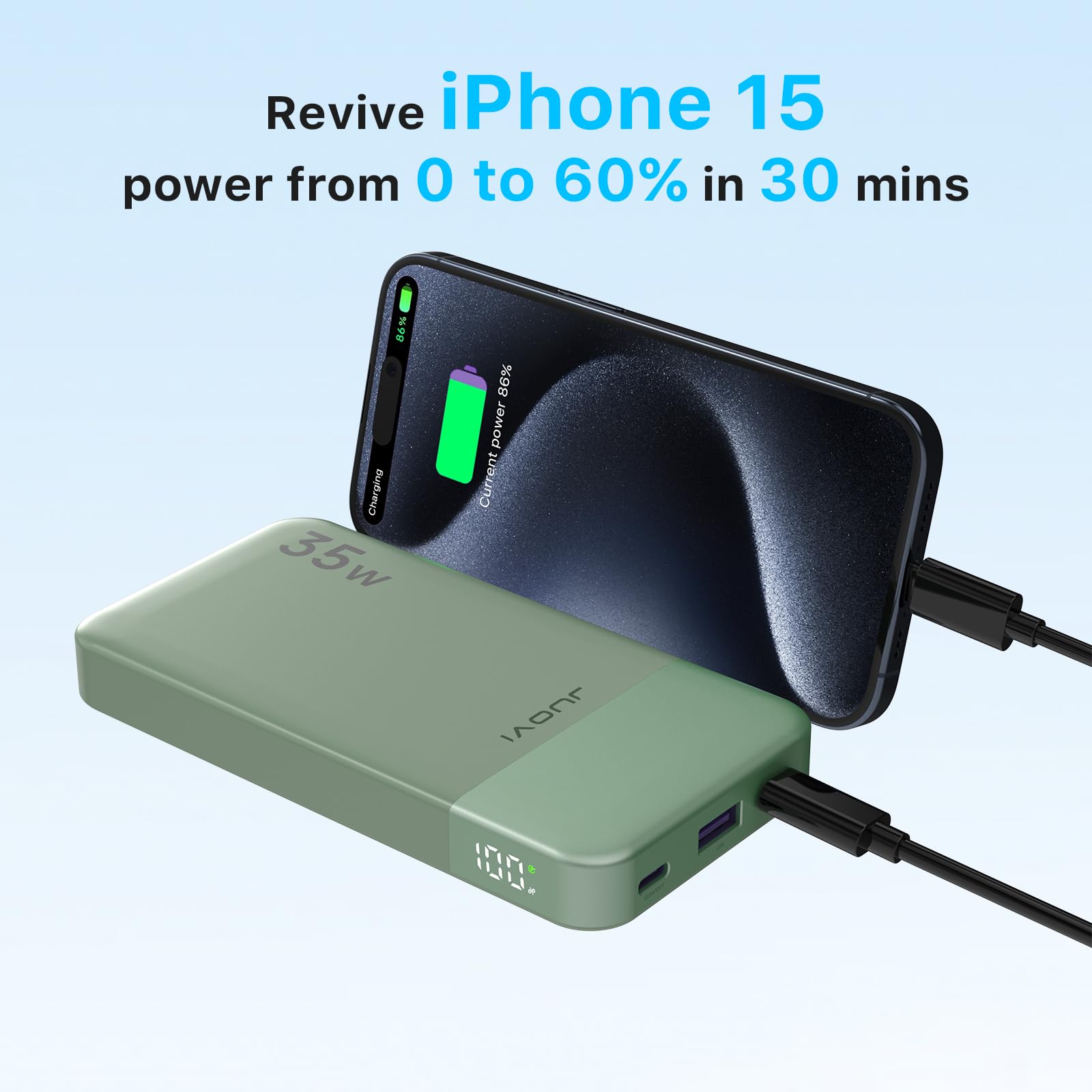 JUOVI Power Bank 10000mAh, 35W Portable Charger,Fast Charging Portable Battery Pack with PD 3.0 & QC 4.0, USB C Portable Power Bank for iPhone 15 14 13 Series, Galaxy, Tablet, Switch, and More（Green）