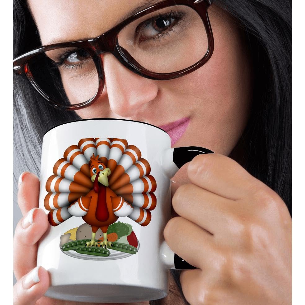 3dRose Cute Large Orange Thanksgiving Turkey On Vegetables Mug, 1 Count (Pack of 1), Black