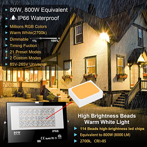 LED Flood Light Outdoor 800W Equivalent Bluetooth Smart Color Change Landscape Lighting DIY-Scene+RGB Colors+Warm White 2700K - APP & Group Control & Timing,IP66 Waterproof US 3-Plug Up Light 4Pack