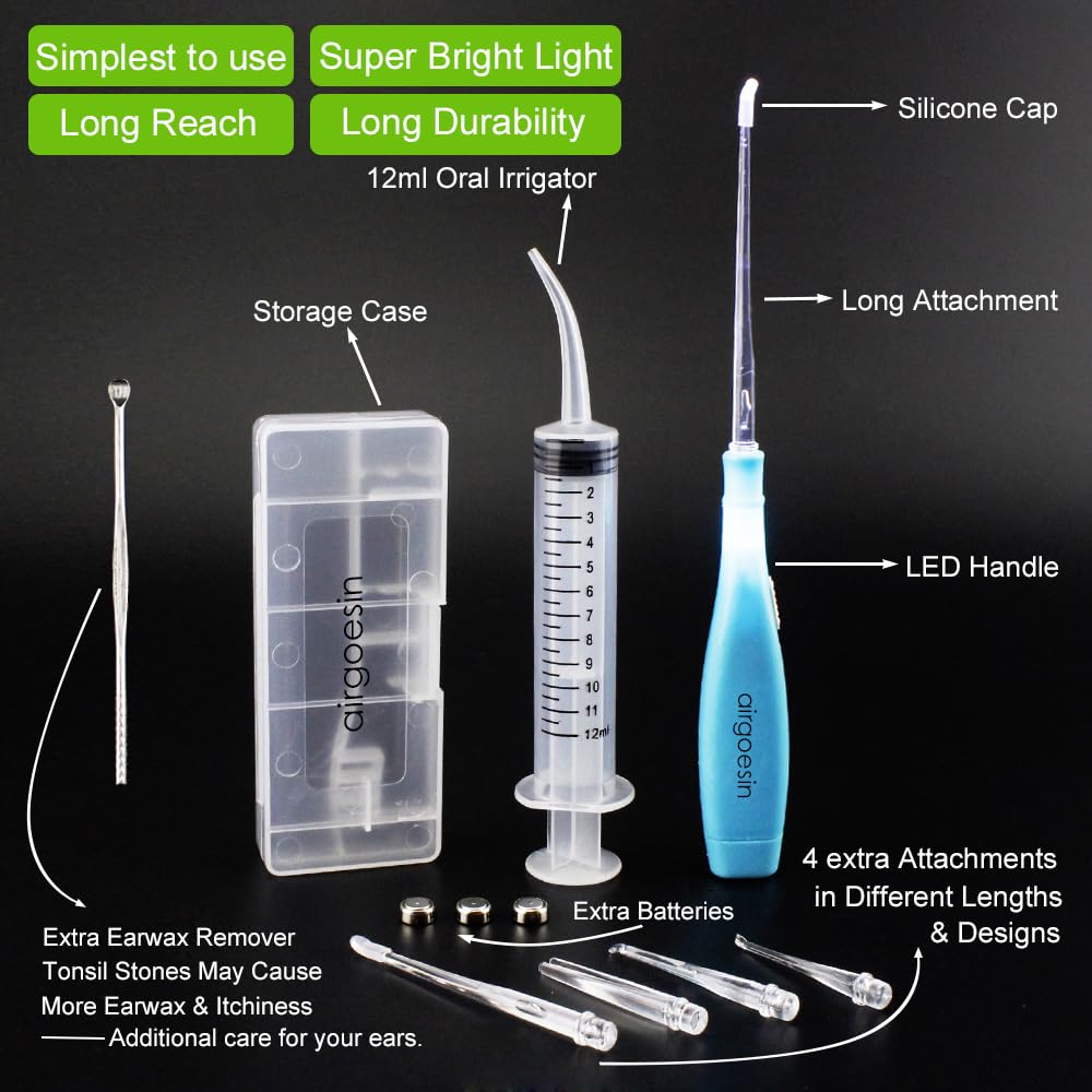 Airgoesin™ Upgraded Tonsil Stone Remover Tool, Blue, 5 Tips, Tonsillolith Pick Case + 1 Irrigator Fresh Breath Oral Rinse