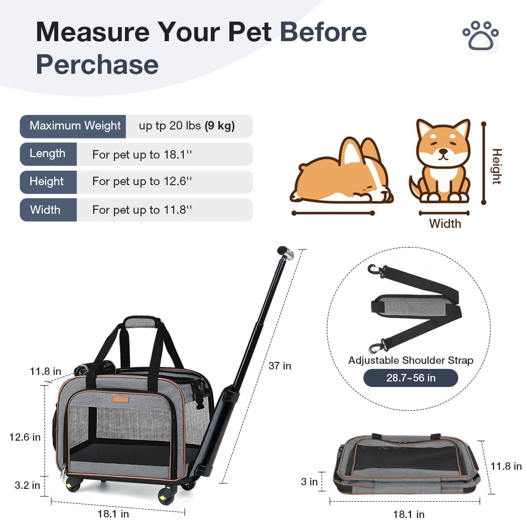 Lekebobor Dog Carrier with Wheels Rolling Pet Carrier Cat Carrier Airline Approved,Wheeled Pet Carrier with Telescopic Walking Handle,Grey