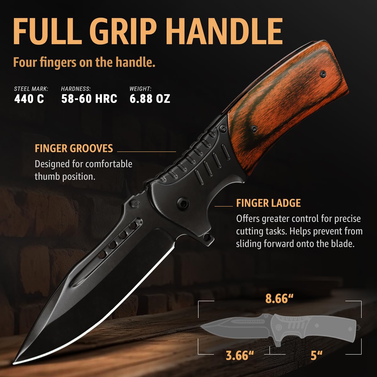 Spring Assisted Knife - 3.66" Sharp Blade - Tactical Pocket Knife for Men with Wood Handle Glass Breaker & Clip - Best Folding Knives for EDC Camping Survival for Dad Husband - Father Day Gifts 0207