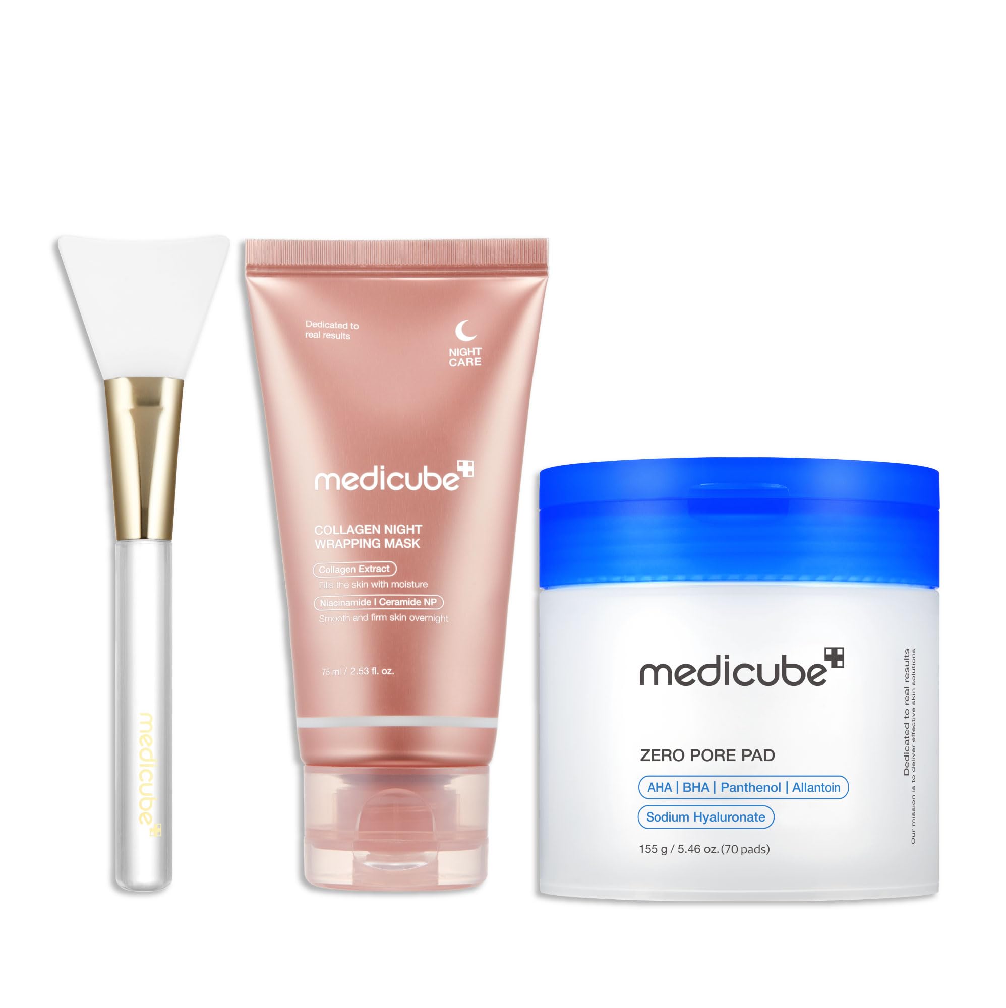 medicube Korean Viral Duo for Glass Glow Skin: Zero Pore Pads 2.0 and Collagen Overnight Wrapping Peel Off Facial Mask Pack and Jelly Brush