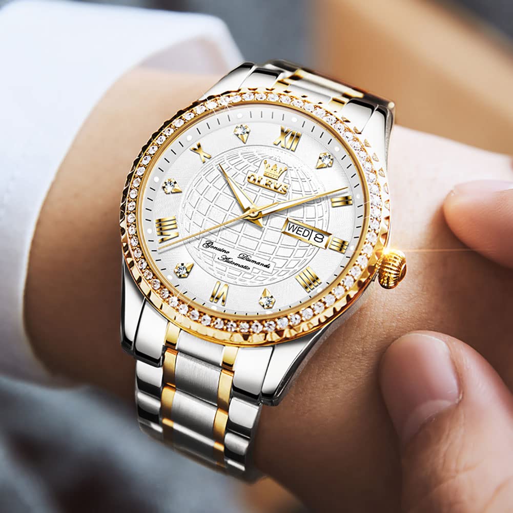 OLEVS Watches for Men Diamond Automatic Two Tone Stainless Steel Mens Watches Self Winding Luxury Business Day Date Waterproof Luminous Wristwatch White