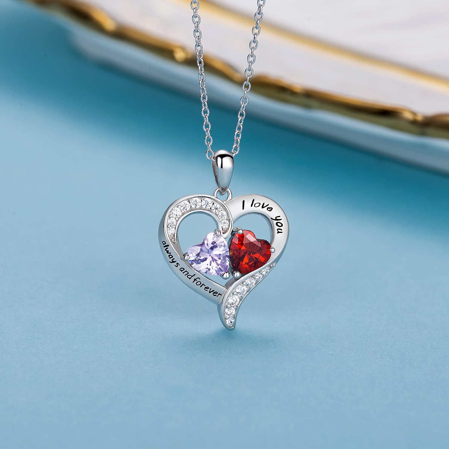 BlingGem Necklaces for Women Sterling Silver Personalized Heart Pendant Necklace with 2 Customized Birthstones 5A Cubic Zirconia I Love You Always and Forever Gift for Women Mom Wife