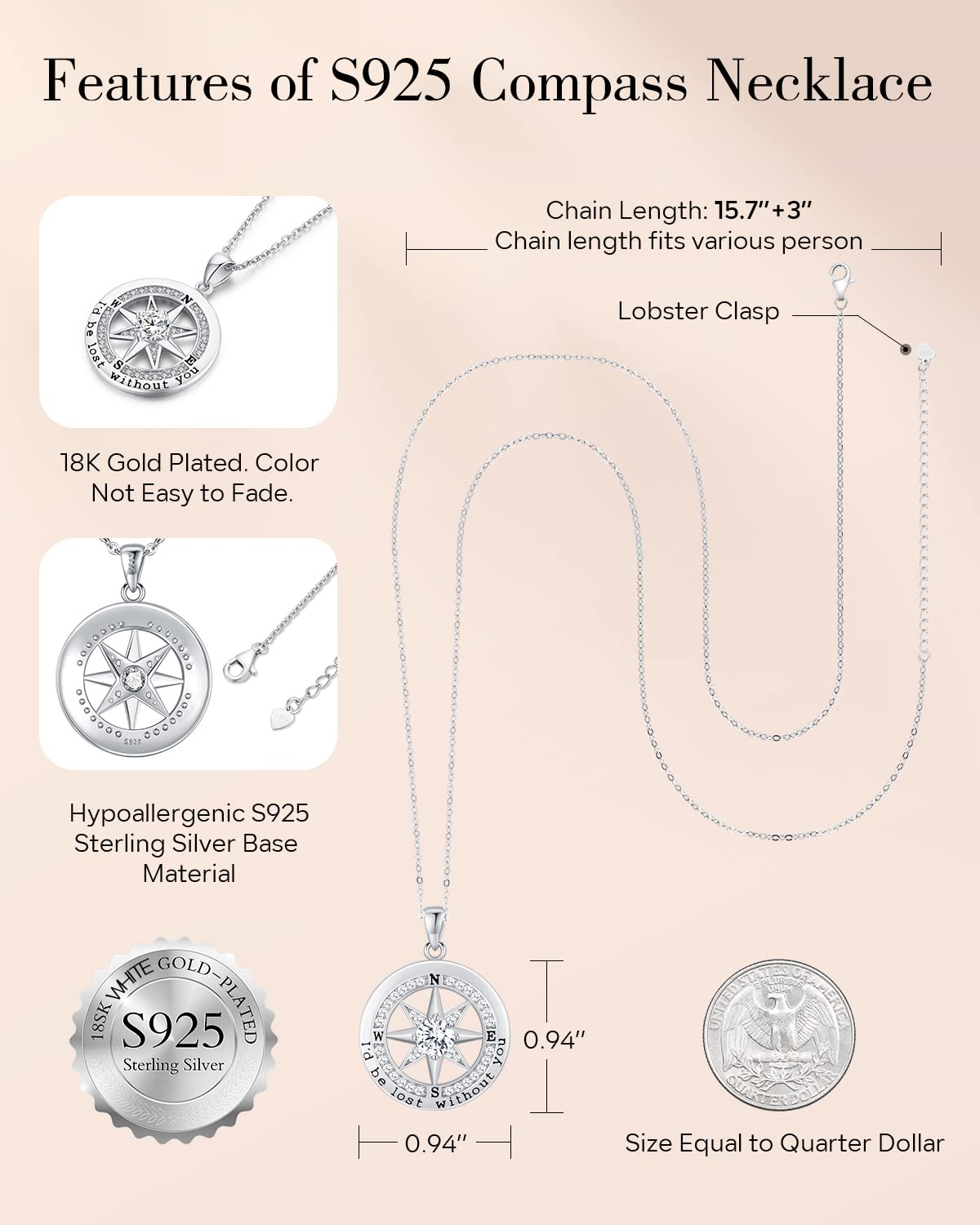 S925 Necklace Gift for Wife |Compass Jewelry |Women Anniversary |Sterling Silver |Girlfriend Birthday Gifts for Her Valentines |I'd be Lost without You|Jewel 18K White Gold