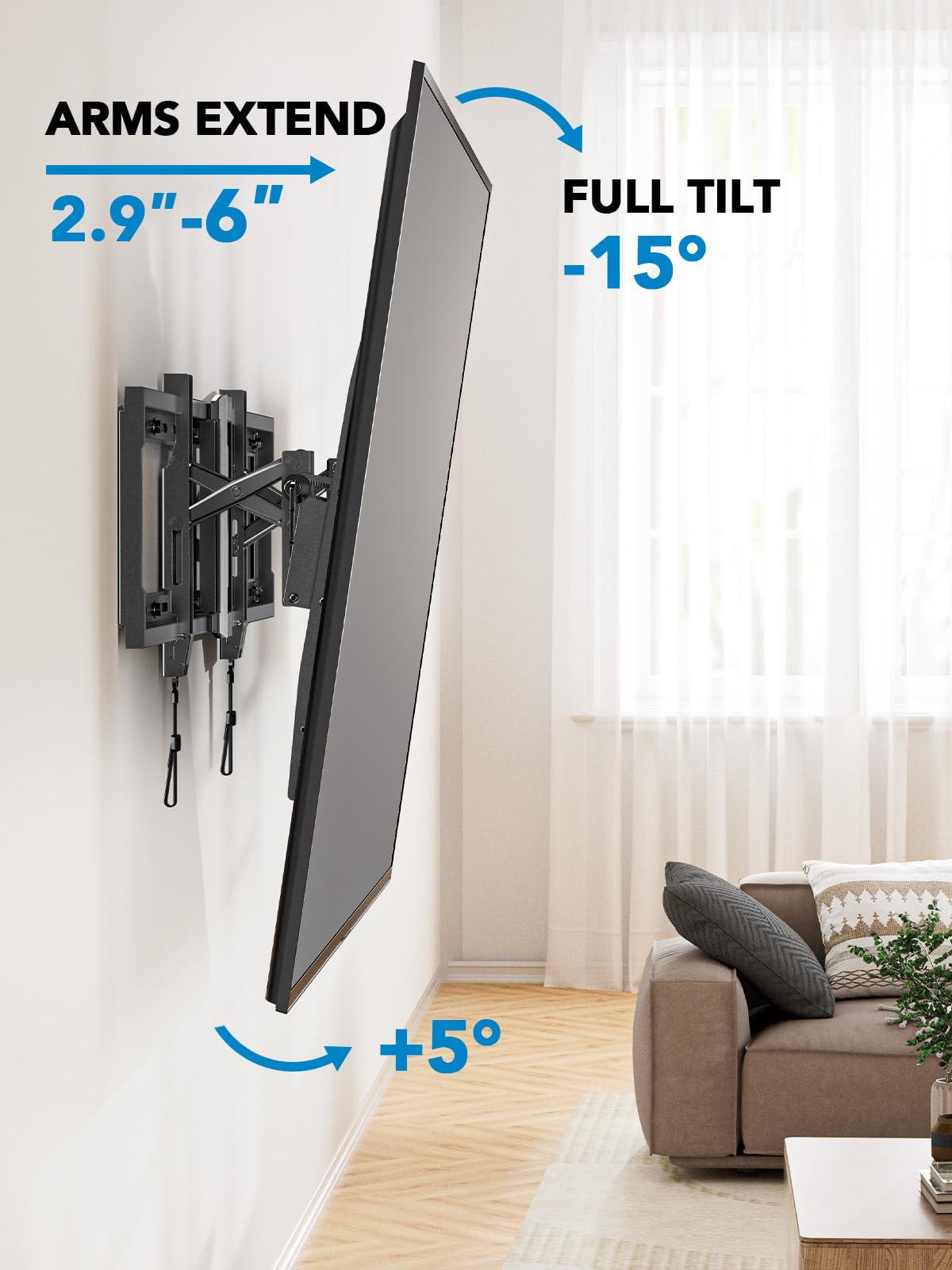 Pipishell UL Listed TV Wall Mount for 42–90 inch TVs up to 132 lbs, Advanced Tilt TV Mount with 15° Full Tilt, 6-inch Arm Extension, Slide to Center, Max VESA 600x400mm, 16″/18″/24″ Wood Studs, PIAT3