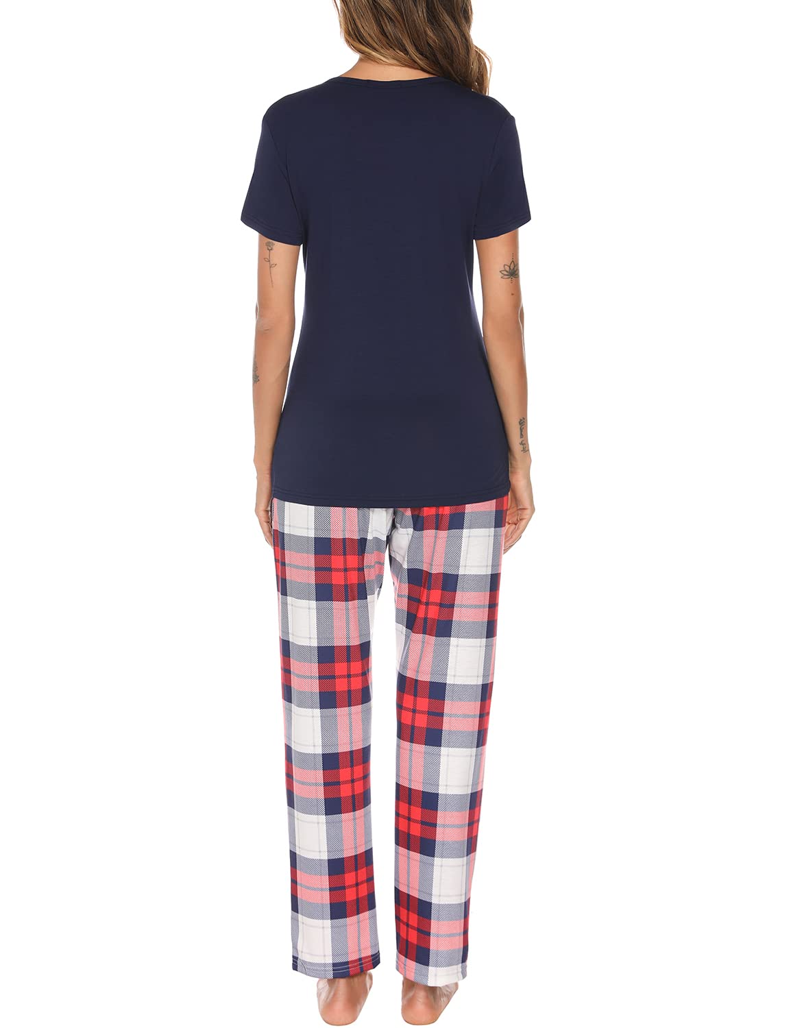EISHOPEER Womens Red and Navy Classic Plaid Soft Short Sleeve Top and Long Pants Sleepwear Pjs Sets X-Small