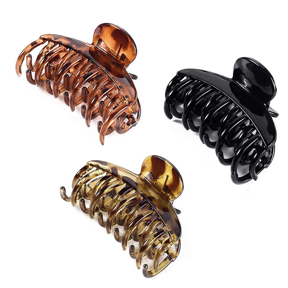 DEEKA 3 PCS 2.5 Inch Tortoise Shell Hair Claw Clips Double Row Teeth Plastic Hair Jaw Clips Hair Barrettes Thick Medium Thin Hair Clips for Women