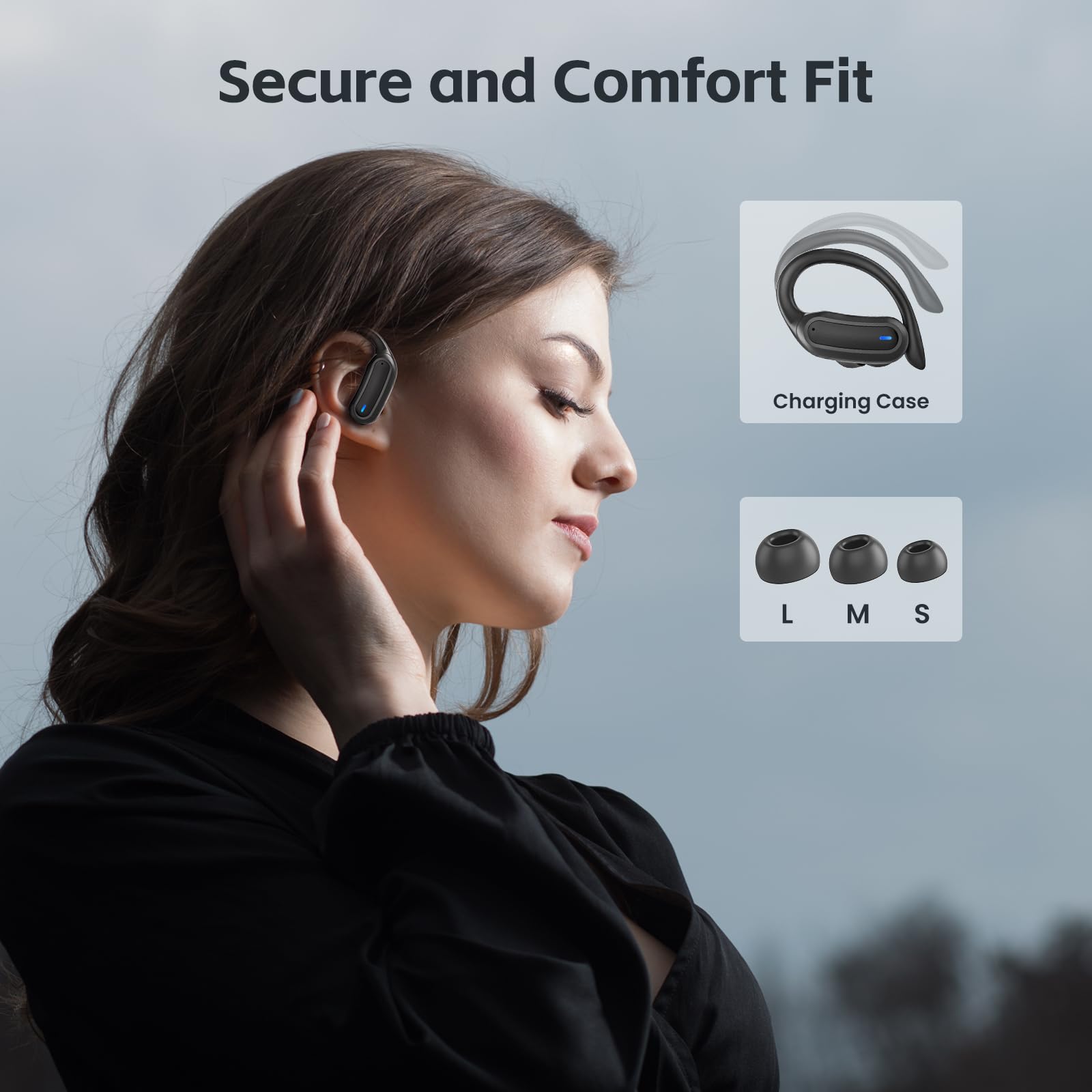 Wireless Earbuds Bluetooth Headphones, Bluetooth 5.3 Stereo over Ear Buds,Noise Cancelling Mic, IPX7 Waterproof Headset for Workout/Running Black