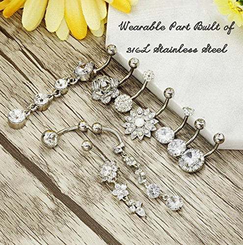 JOERICA 3Pcs 14G 316L Stainless Steel Belly Button Rings for Women Flower CZ Dangle Belly Button Rings Navel Piercing Jewelry