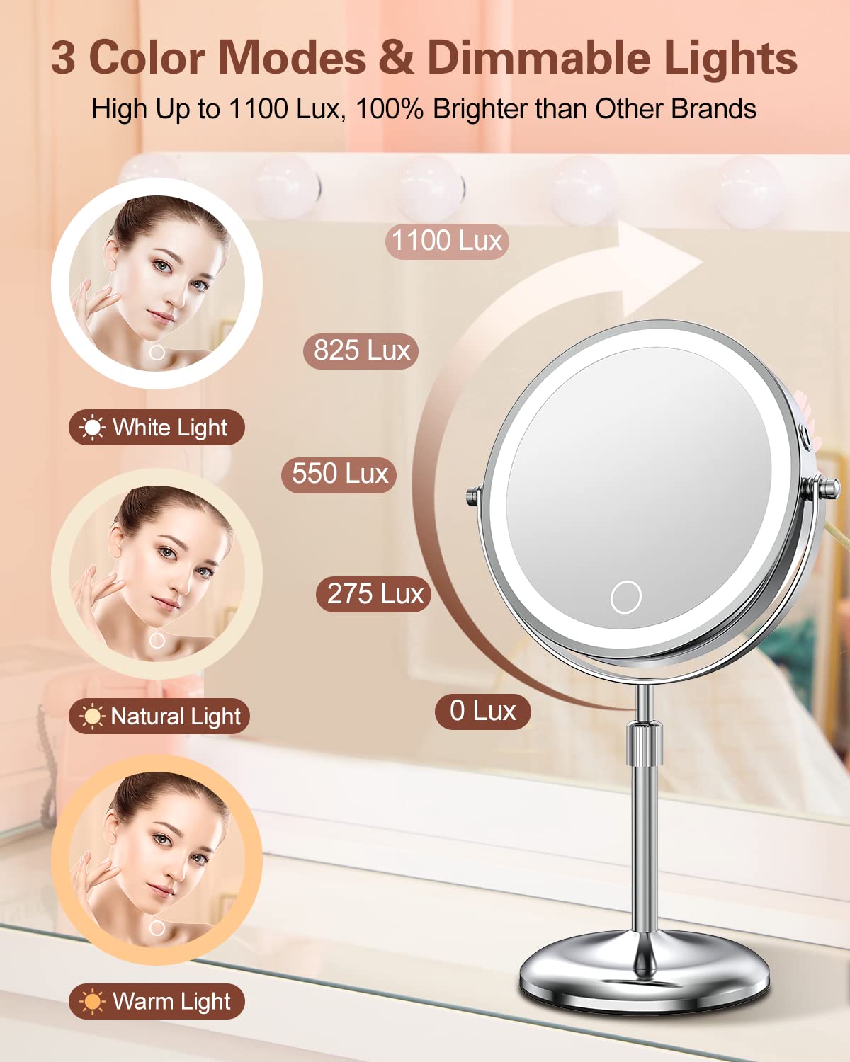 Benbilry Lighted Makeup Mirror with 10X Magnification & 3 Color Lights, Adjustable Brightness & Height, 7 Inch 360° Swivel Rechargeable LED Magnifying Mirror Make Up Mirror with Lighting (Silver)