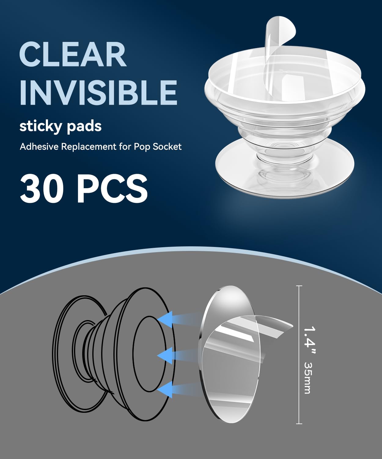 PHIXBEAR 30 Pack Super Sticky Adhesive, Clear Invisible Adhesive Replacement for Pop Socket Base, 1.4 Inch Non-Damaging Double Sided Tapes for Phone Collapsible Grip & Stand Back