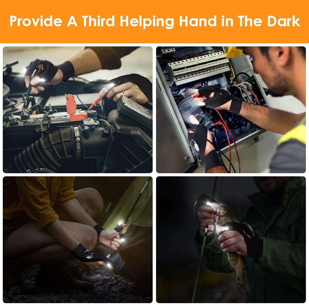 4pcs LED Flashlight Gloves Light Fingerless Outdoor Fishing Gloves Tool Gadgets Gifts for Repairing Working for Men Women Camping Hiking (2 Pairs)