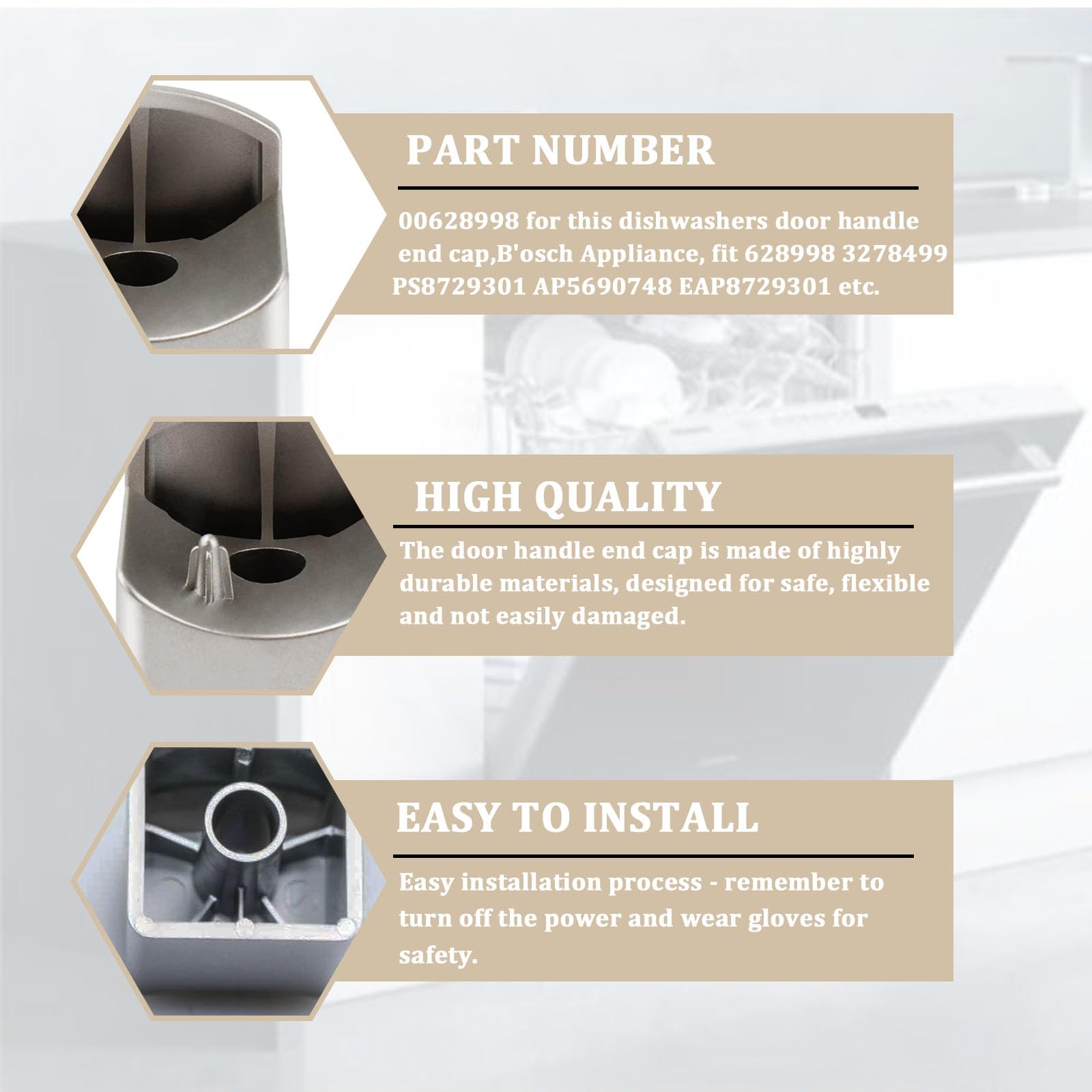 Follde 00628998 Dishwasher Door Handle End Cap for Bosch 3278499 PS8729301 628998, Silvery