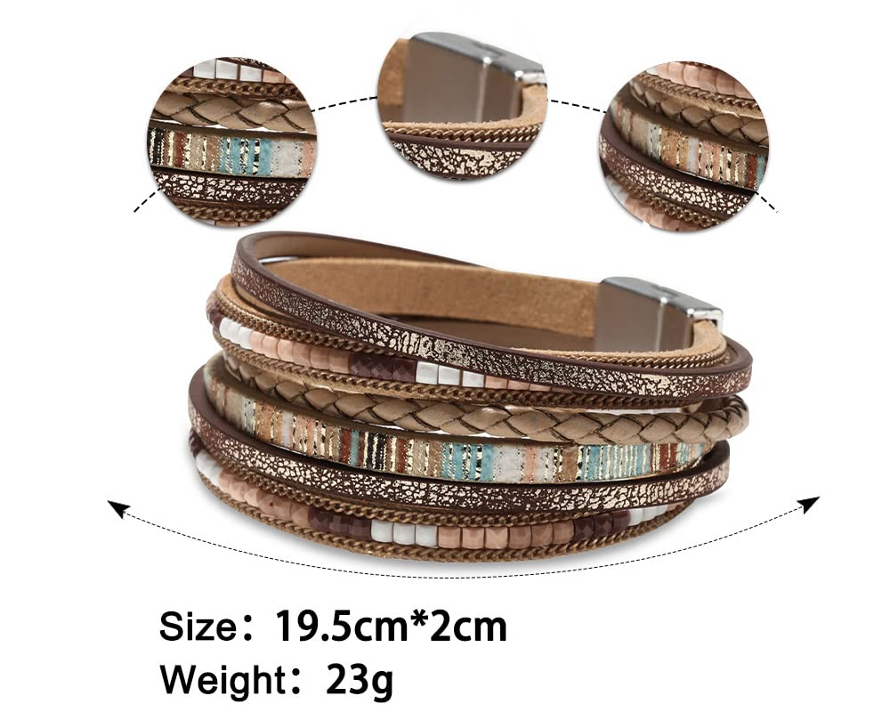 Fesciory Leather Wrap Bracelets for Women, Boho Leopard Multi-Layer Crystal Beads Cuff Bracelet Jewelry(Boho Braid(Brown))