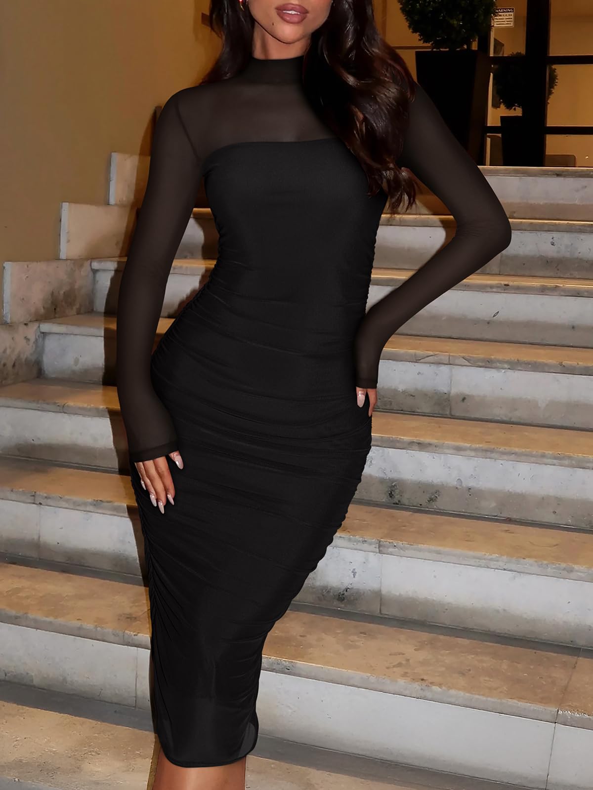 REORIA Women's Fall Mesh Sheer Long Sleeve Midi Ruched Bodycon Dress Sexy Slim Mock Neck Elegant Club Evening Party Cocktail Dresses Black Medium