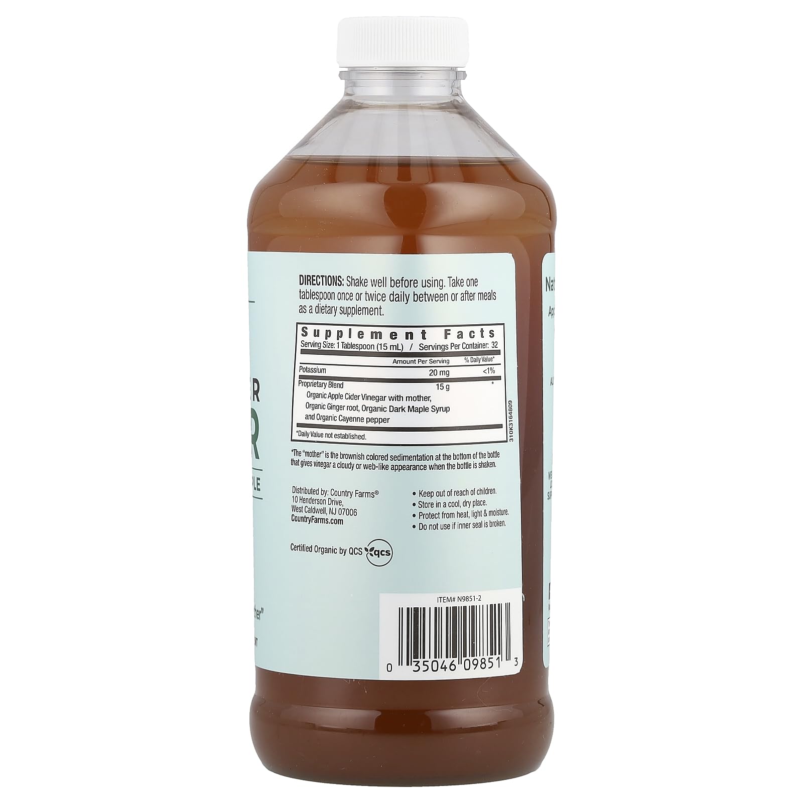 Country Farms Organic Apple Cider Vinegar Tonic, Cleanses and Detoxifies, Helps Balance Fluids, Supports Digestion, With The “Mother”, Ginger Cayenne & Maple, 16 Fl. Oz.
