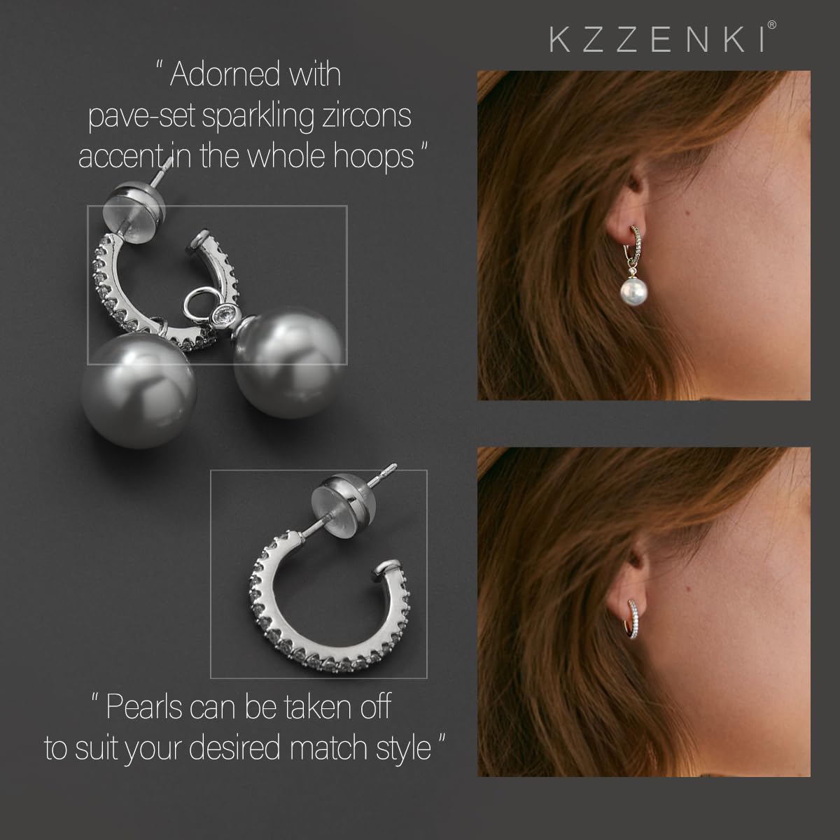 KZZENKI Grey Pearl Earrings for Women, Sterling Silver Post Drop Earrings, Open Hoop Peal Dangle Earrings Bridal Jewelry Gift