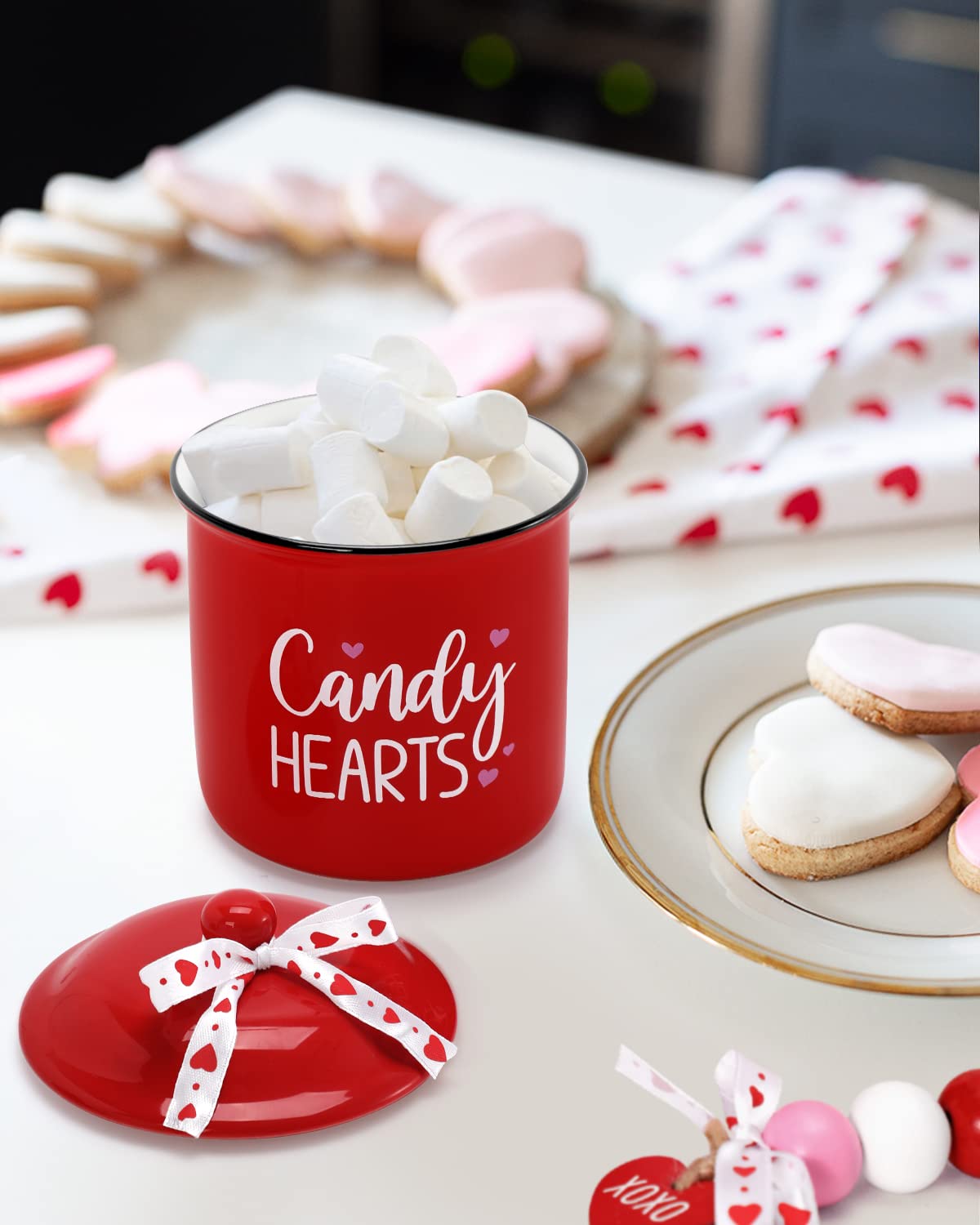 Candy Hearts Tiered Tray Decor Mini Ceramic Canister Valentine's Day Red Decorative Jar Xoxo Slice February 14th Love Candy Holder with Bowknot Home Kitchen Accessory Table Centerpiece Gift Set of 1