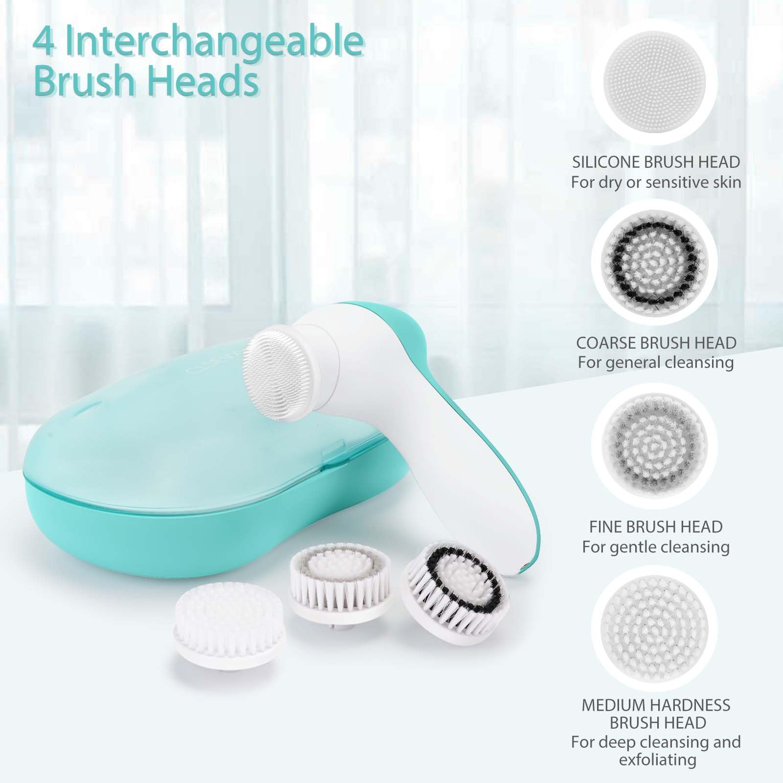 Rechargeable Facial Cleansing Spin Brush Set with 4 Exfoliating Brush Heads - Complete Face Spa System by CLSEVXY - Waterproof Face Scrubber for Gentle Exfoliation and Deep Scrubbing