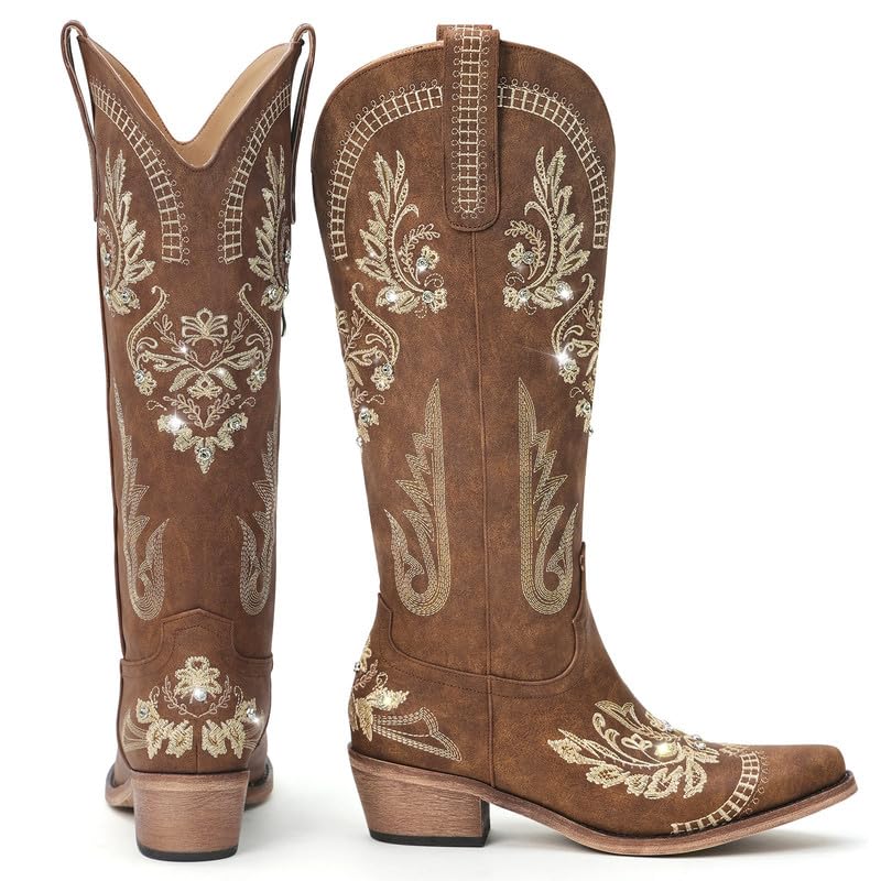 Dixhills Brown Cowboy Boots for Women - Wide Calf Knee High Cowgirl Boots, Glitter Sparkly Rhinestone Western Country Boots with Classic Embroidery, Pointed Toe Pull On Zipper Retro Boots Size 12