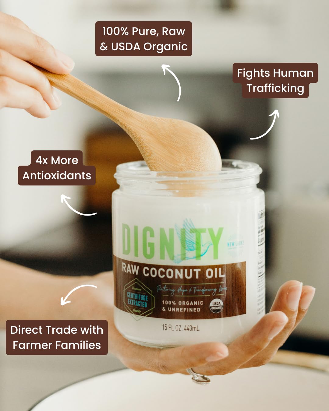 Dignity Coconuts Raw Coconut Oil - 100% Organic Unrefined Coconut Oil - 15 fl oz Glass Jar - Centrifuge Extracted