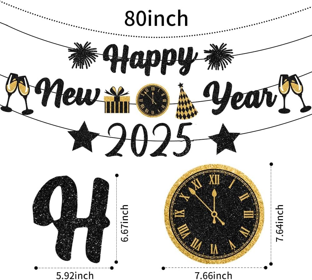 IMISHM Black Gold New Years Decorations 2025 Glitter Happy New Year Banner New Years Eve Party Supplies New Years Eve Decorations Happy New Year Sign For New Year Party Decorations