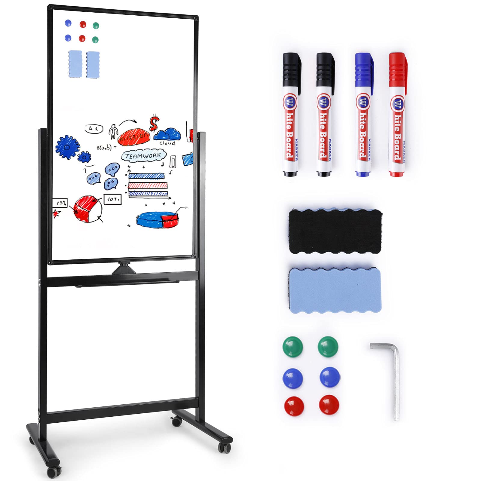 Mobile Whiteboard, 40x24 inches Double Sided Reversible Whiteboard on Wheels, Rolling Stand Portable Easel Frame for Office Classroom Home, Black