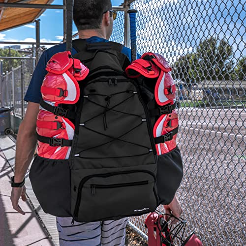 Athletico Dominator Baseball Backpack, Catchers Gear Adult Baseball Bag for 4 Bats, Large Bat Bag for Baseball Equipment, Holds Chest Protector, Helmet, Gloves, Cleats - Black