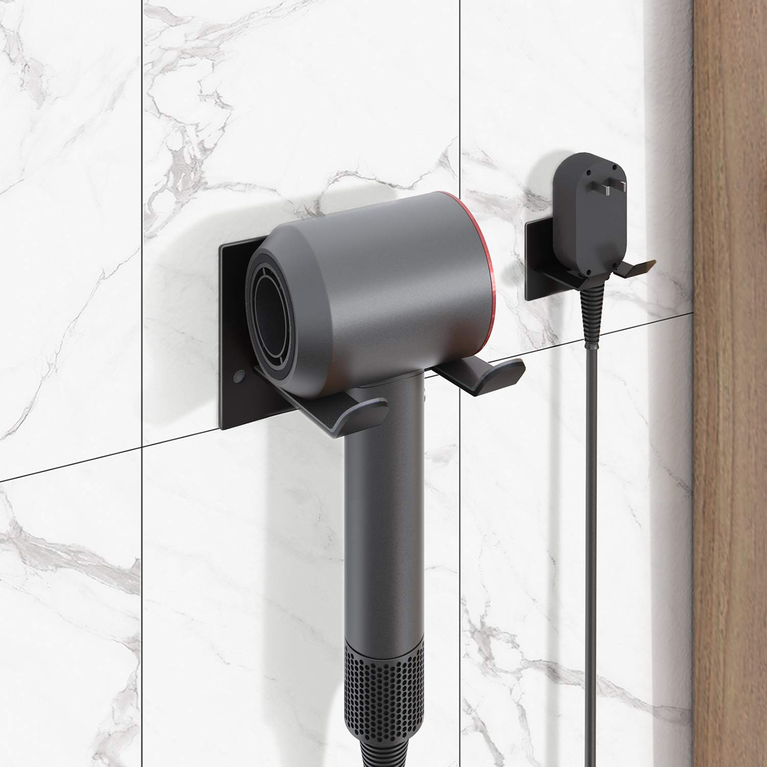 XIGOO Self Adhesive Hair Dryer Holder Wall Mounted - Adhesive Bathroom Hair Blow Dryer Rack Organizer Compatible with Supersonic Hair Dryers (Black)