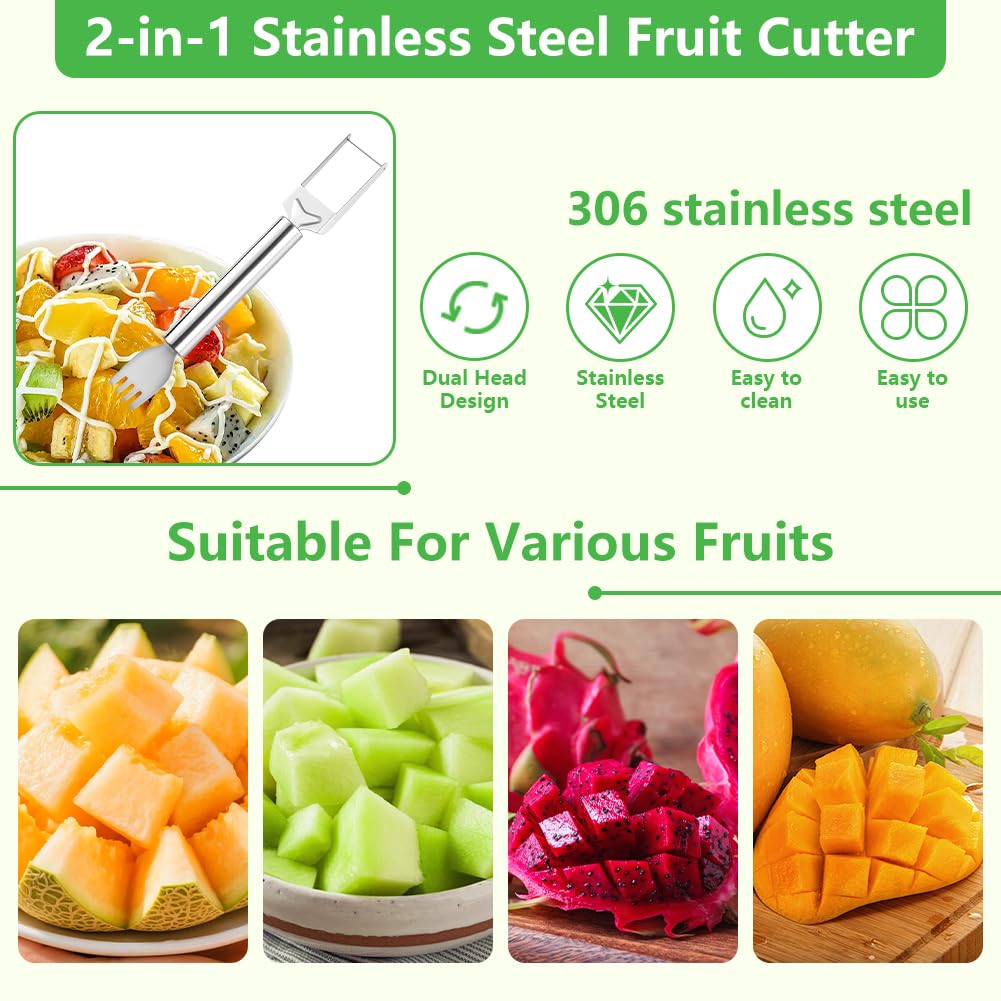 2-in-1 Stainless Steel Fruit Cutter, Watermelon Slicer with Fork, Dual Head Watermelon Fork Slicer Tool for Cubes, Fruit Knife with Round Handle for Home Kitchen, Picnic & Party (1Pack)