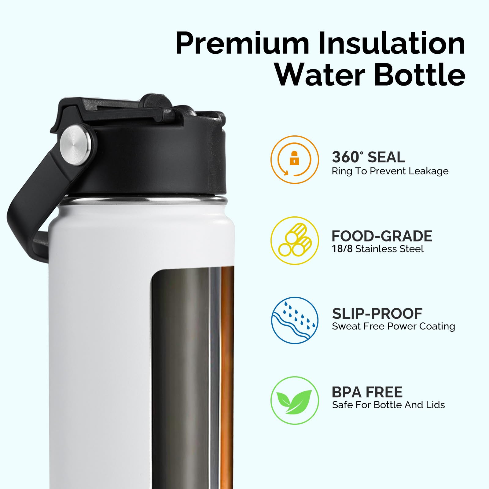 Kerilyn Stainless Steel Insulated Water Bottle, 18oz Double Wall Vacuum Insulated Water Bottle Leak Proof with Silicone Straw, Wide Mouth Lid, BPA Free, Keep Cold and Hot, 18oz, White