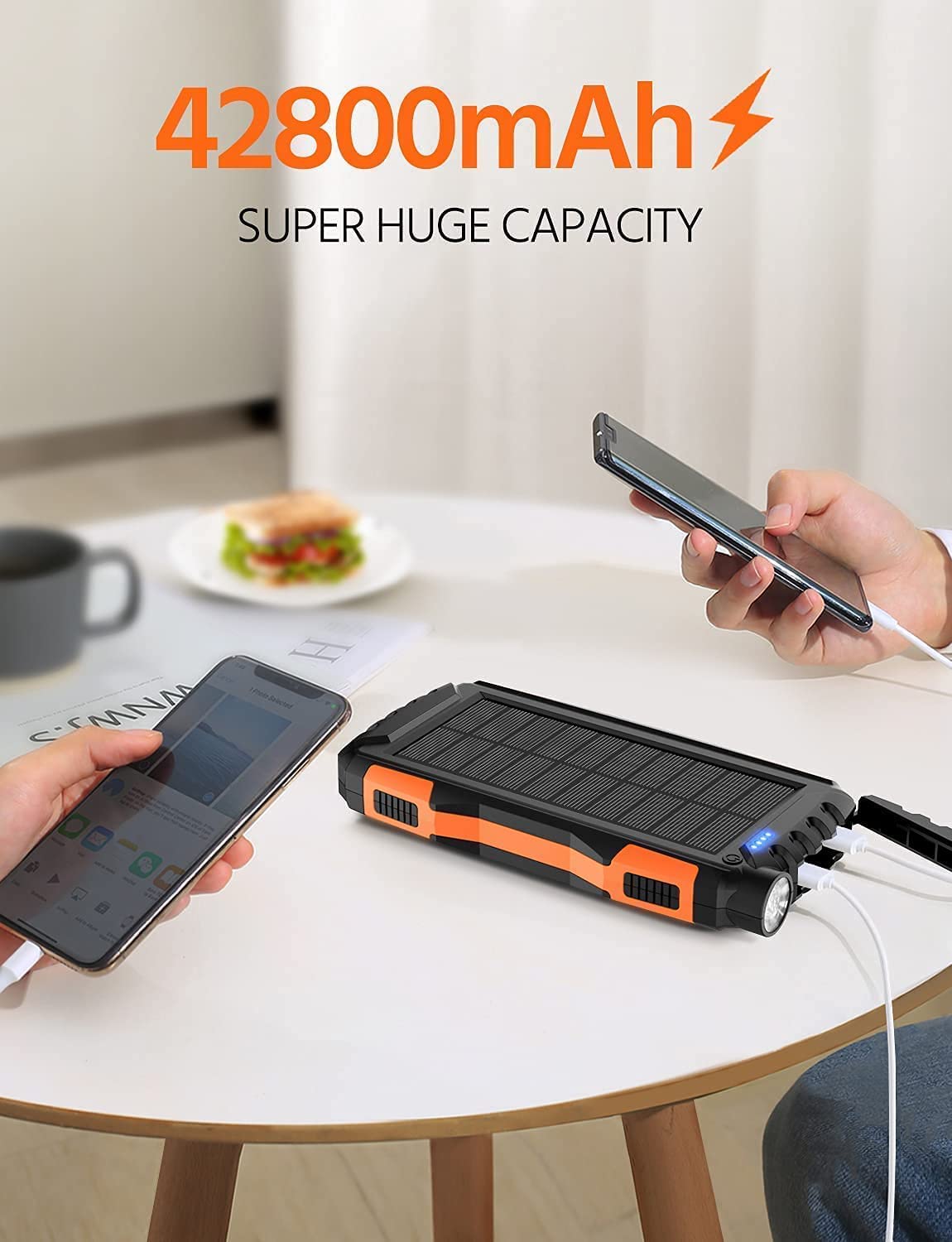 Solar Charger, Power Bank, 42800mAh Portable Charger Power Bank External Battery Pack 5V3.1A Qc 3.0 Fast Charger Built-in Super Bright Flashlight (Orange)