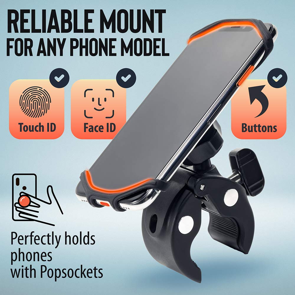 Upgraded 2024 Bicycle & Motorcycle Phone Mount - The Most Secure & Reliable Bike Phone Holder for iPhone, Samsung or Any Smartphone. Stress-Resistant & Highly Adjustable. x10 to Safeness & Comfort