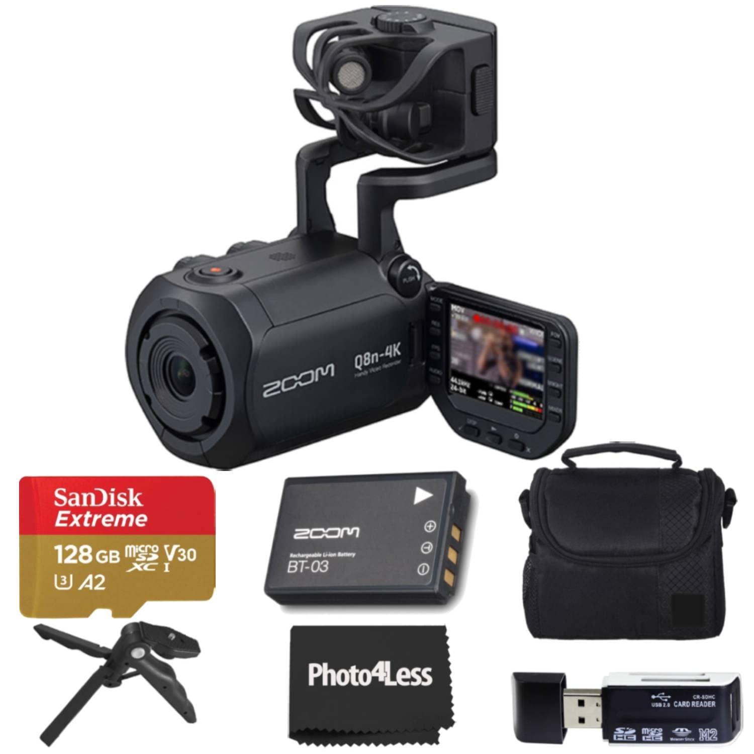 Zoom Q8n-4K Ultra High Definition Handy Video Recorder, Four Tracks of Audio Recording, for Record/Streaming Music, Podcasts + 128GB microSDXC Memory Card + Rechargeable Battery + Accessories – Bundle